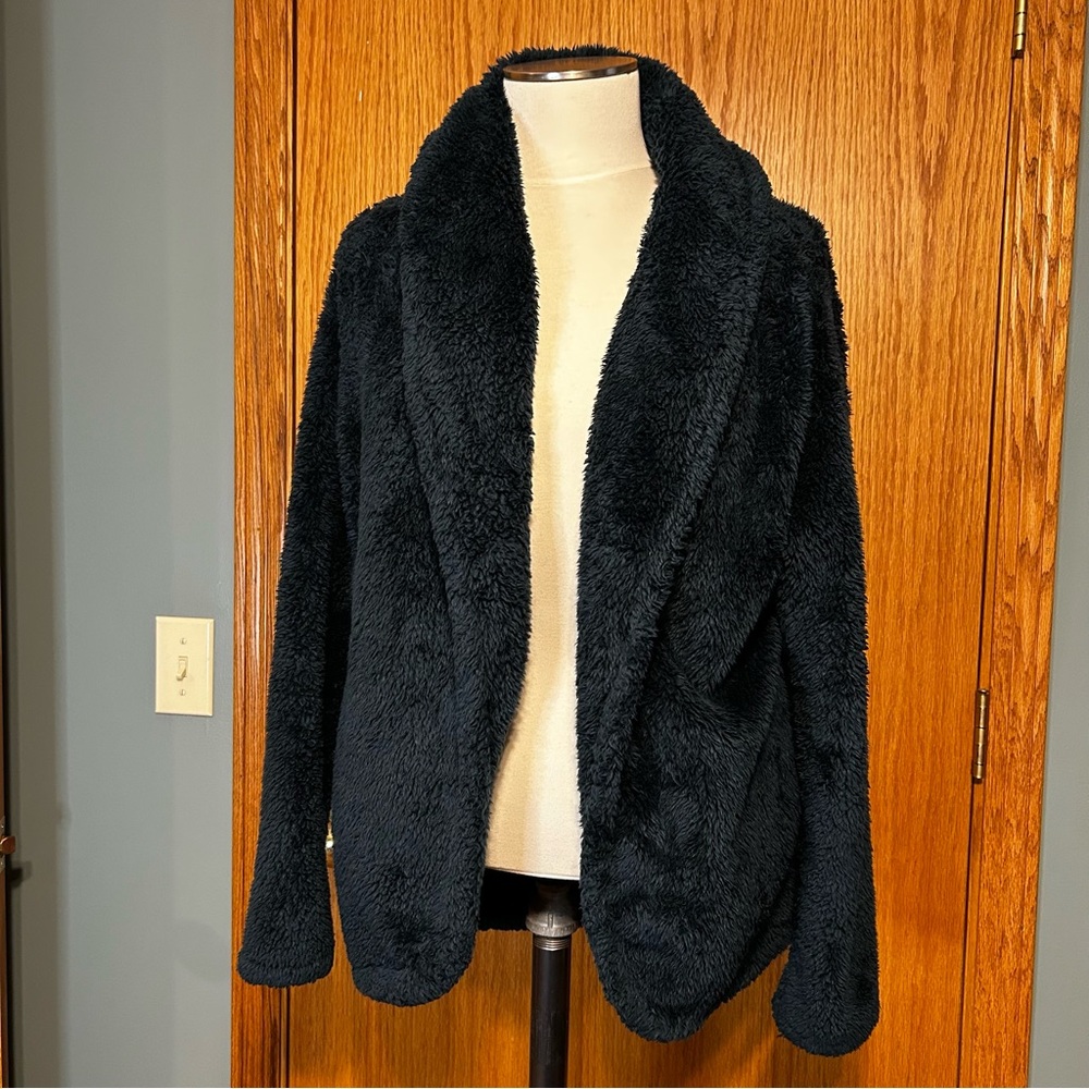 Loft Faux Fur/sherpa Open Jacket  Size‎ Medium Blue Shawl Collar Cozy Comfy